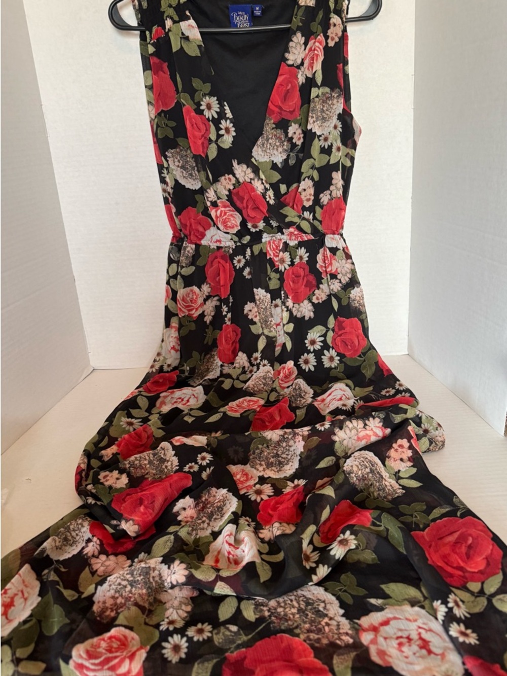 Disney Black Sleeveless Maxi Dress with Red Rose Floral Print